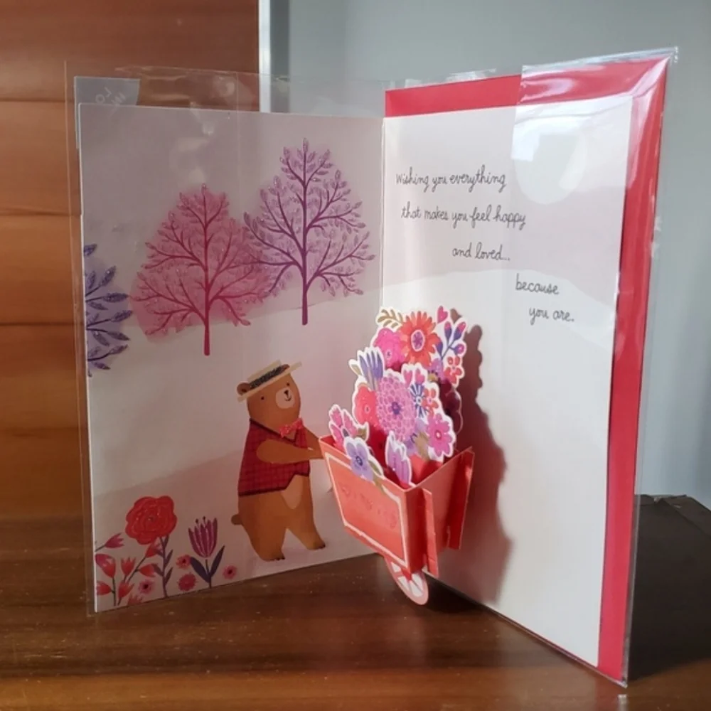 Valentine's Day 3D Greeting Card for Anyone Garden Bear Wheel Barrow Flowers